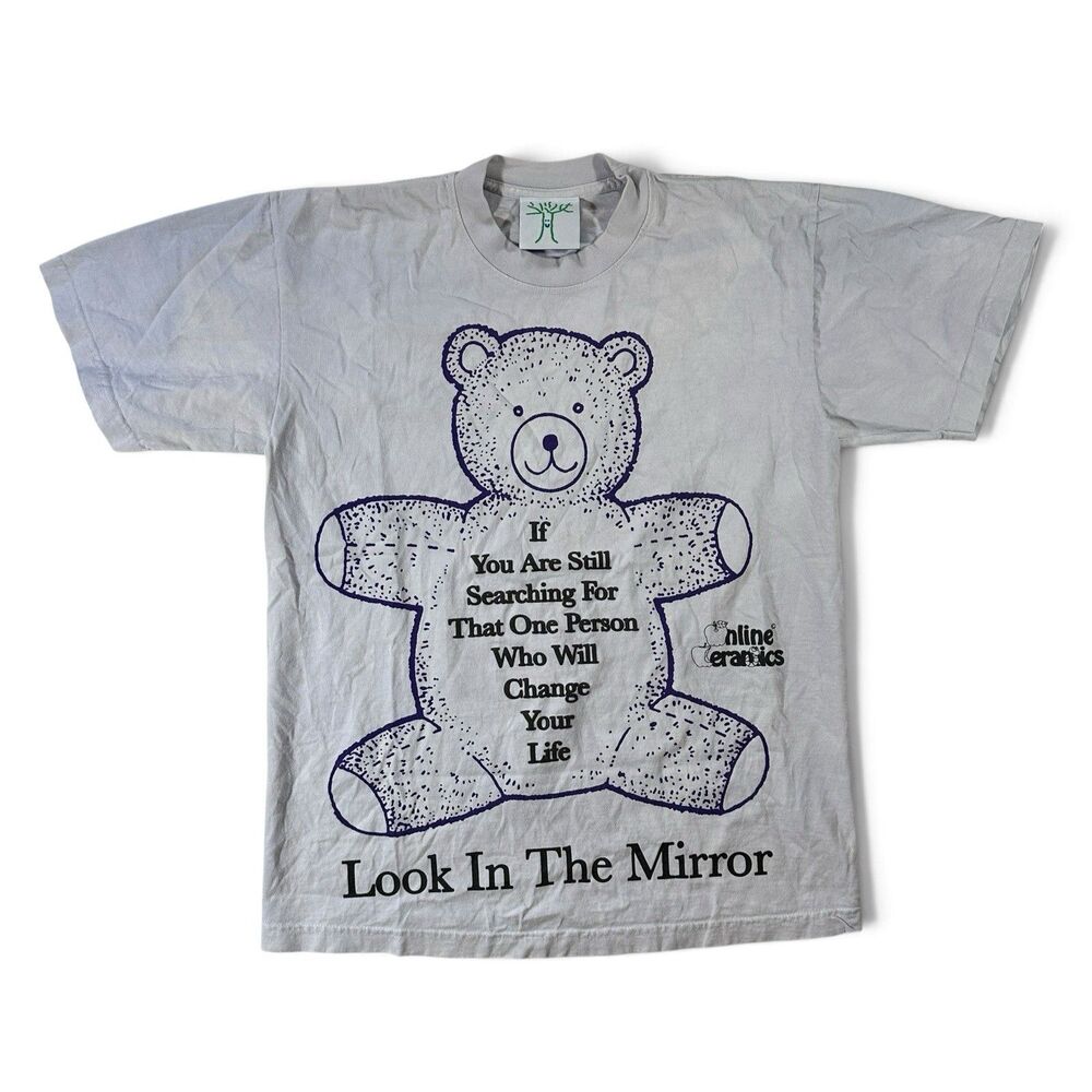 Online Ceramics Teddy Bear Look In The Mirror T-Shirt S Gray Puff Print RARE